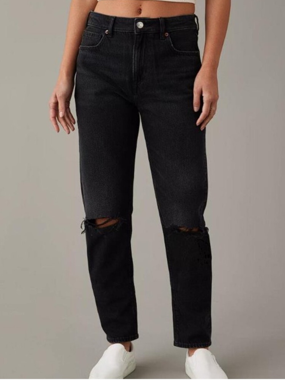 NWT American Eagle Strigid Destroyed Black Mom Jeans 4 Long 27W Super High Rise